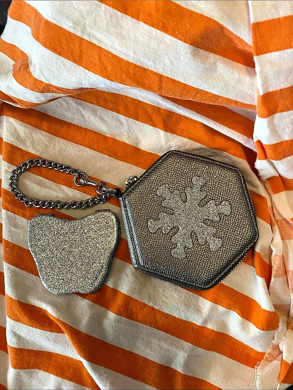 Coach Hexagonal Snowflake Coin Pouch with Mirror Charm Metallic Cosmetic Case